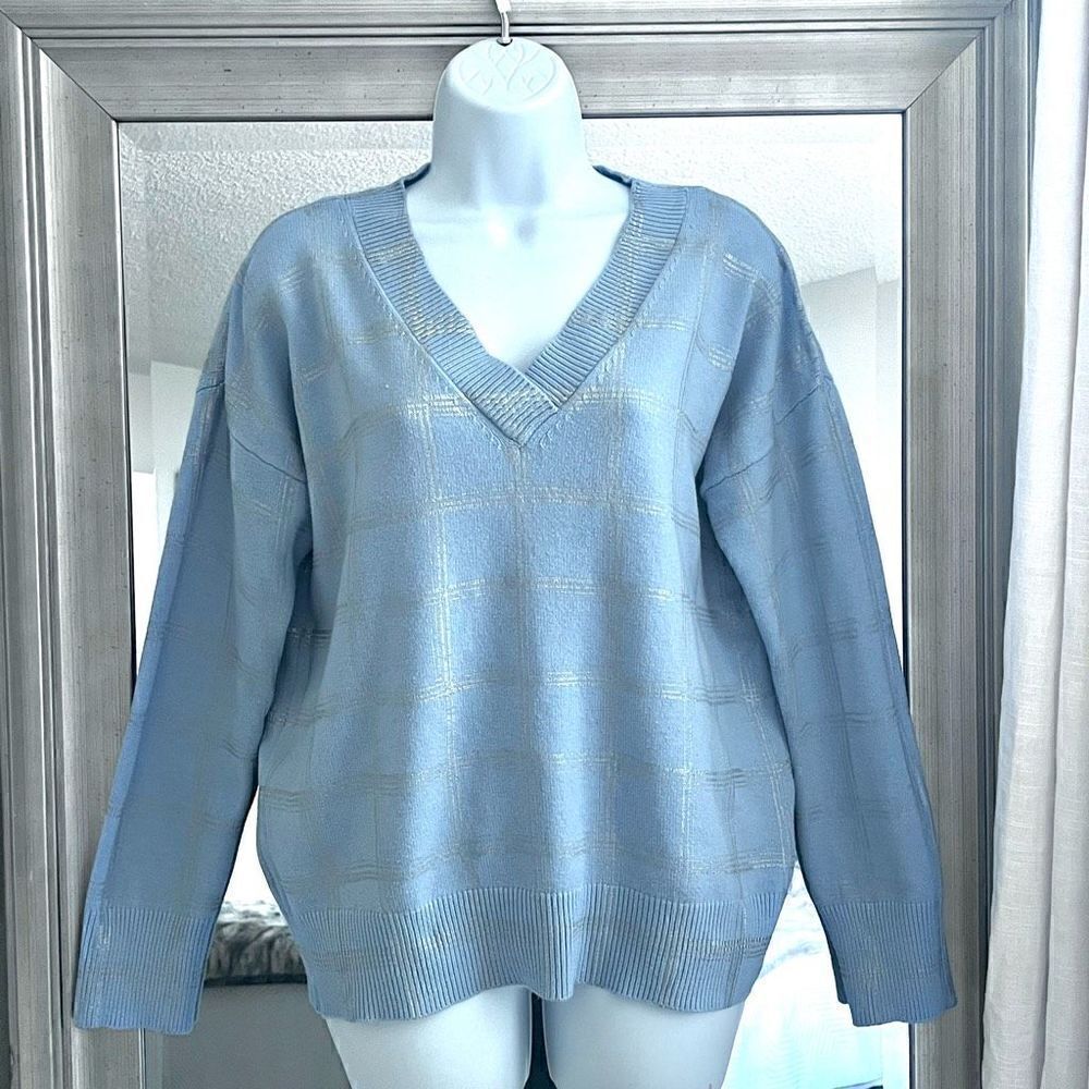 CALVIN KLEIN Women’s V-Neck Cotton Blend Sweater Blue Sz. S